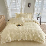 Qfdian  Korean Princess Yellow Bedding Set For Women Double Ruffle Lace Duvet Cover Full Queen Solid Color Comfortable Bed Sheet Set