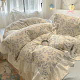 Qfdian  Floral print Korean style Princess Lace Bedding Set Duvet Cover Set Washed Cotton Flat Sheet set Queen For Girl Decor Home