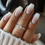 Qfdian 24Pcs Gradient Short Ballet Nails Set with Glue White Simple False Nails Coffin Fake Nail Press on Nails Full Cover Nail Tips