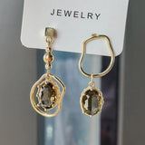 Qfdian New Asymmetrical Vintage Tan Crystal Geometric Earrings For Women Fashion Korean Temperament Metal Earrings For Women Jewelry