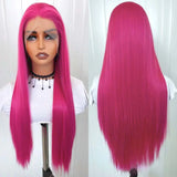 Qfdian Pink Wig Straight Synthetic Lace Front Wig Glueless Wigs for Women Rose Red Hot Pink Long Hair Lace Frontal Wig Ready to Wear