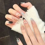 Qfdian  10Pcs INS Almond Shaped Handmade Fake Nails With 3D Floral Decor Gradient Cat-eye Press on Nails Fashion False Nail Patches