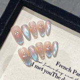 Qfdian 10Pcs Aurora Handmade False Nails with Jelly Glue Long Almond Fake Nail Art Shell Design Press on Nails Full Cover Manicure Tips
