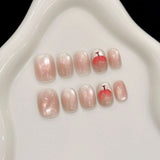 Qfdian  10pcs Handmade Short Press on Nails Sweet Cute Bow Decor Korean Fake Nail Tips Wearable Reusable Pink Cat Eye Design False Nails