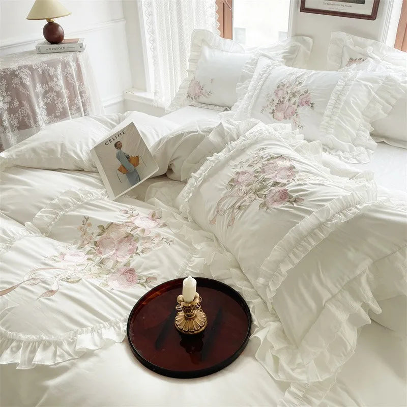 Premium Long Staple Cotton French Chic White Patchwork Embroidery Bedding Set Double Duvet Cover Flat/Fitted Sheet Pillowcases