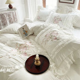 Premium Long Staple Cotton French Chic White Patchwork Embroidery Bedding Set Double Duvet Cover Flat/Fitted Sheet Pillowcases