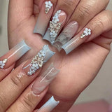 Qfdian 24Pcs Extra Long Square Fake Nail with Glue 3D Little Bear Bow Design False Nails White French Press on Nails Wearable Manicure