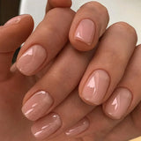 Qfdian 24Pcs Nude Pink Nail Tips Short Round Head False Nails with Design Wearable Finished Fake Nails Full Cover Press on Nails