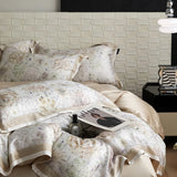 Qfdian Floral Plant Print Color Blocking Bedding Set Lyocell Bamboo Fiber Soft Silky Duvet Cover Flat/Fitted Bed Sheet Pillowcases 4Pcs