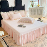 Qfdian  4Pcs Korean Style Lace Flowers Embroidery Princess Wedding Bedding Set Duvet Cover Bed Sheet/Fitted Sheet/Bed Skirt Pillowcases