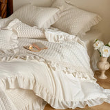 Qfdian  4Pcs Bedding Set Cotton Linen French Ruffles Quilted Duvet Cover With Bed Sheet Or Quilted Bedspread Pillowcases Home Textiles