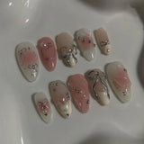 Qfdian  24pcs Press on Fake Nails Set Almond Wearable Simple French Flower False Nail Art Gold Beads Design Diamond Manicure Tips