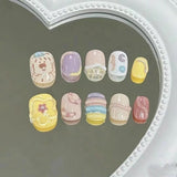 Qfdian  10pcs Sweet Cool Y2K Style Press on Nails 3D Cartoon Fake Nail Bow Heart Hand Painted False Nails Short Colorful Almond Nail Art