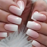 Qfdian  24Pcs Short Square Nude French Tip Press On Nails Set Reusable Acrylic Full Cover Fake Nail with Glue for Women&Girls Decoration