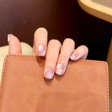 Qfdian  10pcs Light Pink Cat Eye Press on Nails Sparkle Minimalist Geometric Plaid False Nails Handmade Short Square Fake Nails for Girl