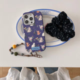 Qfdian Ins floral cat cute leather cover for iphone 15pro 16Pro 14promax 13promax 14 13 15 16 pro max colorful chain rope phone case