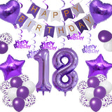 Qfdian  Purple White Foil Birthday Number Decorations Happy Birthday Banner Purple Happy Birthday Swirls Foil Heart Star Latex Balloons