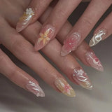 Qfdian  24pcs Press on Fake Nails Set Almond Wearable Simple French Flower False Nail Art Gold Beads Design Diamond Manicure Tips