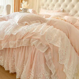 Qfdian 4/6Pcs Pink Princess Wedding Lace Embroidery Korean Style Bedding Set King Queen Size Duvet Cover Bed Skirt Bedspread Pillowcase