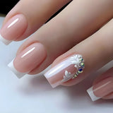 Qfdian 24Pcs Nude White French Fake Nail Short Square Nail Tips Fashion Wearable False Nails with Glue Simple Full Cover Press on Nails