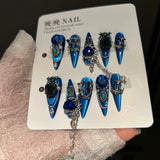 Qfdian  Deep Sea Punk Press-on Nails Set,ABS Resin Base with Alloy Chains/Gem/Pearl Decor,Multi-Size for Music Festivals/Gothic Outfits/