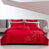 Qfdian 4Pcs Luxury Flowers Embroidery 1400TC Egyptian Cotton Red Wedding Bedding Set Duvet Cover Set Flat/Fitted Bed Sheet Pillowcases