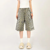 Qfdian  Women's Shorts Denim Leopard Print High Waisted Straight Leg Pants Street Harajuku Y2K Retro Versatile Fashion Wide Leg Jeans