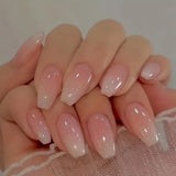 Qfdian 24Pcs Simple Fake Nail with Broken Diamond Short Square Press on False Nails Gradient White Wearable Ballet Full Cover Nail Tip
