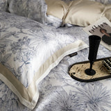 Qfdian Floral Plant Print Color Blocking Bedding Set Lyocell Bamboo Fiber Soft Silky Duvet Cover Flat/Fitted Bed Sheet Pillowcases 4Pcs