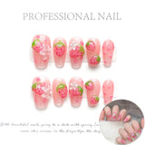 Qfdian  Blush Pink Handmade Fake Nails Sweet Strawberry Flower Designed Wearable Press on Nails Full Cover False Nail for Women Girls