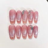 Qfdian  Pink Strawberry Press on Nails Handmade Flower Fake Nails Gradient Color Medium Length Square False Nails for Women Girls