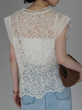 Qfdian  Hook Flower Hollow Shirt Lace Vest Korean Fashion Black Blouse  Summer Sleeveless Tops Transparent O-Neck Beige Shirt Female