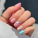 Qfdian  24Pcs Short Square Nude French Tip Press On Nails Set Reusable Acrylic Full Cover Fake Nail with Glue for Women&Girls Decoration