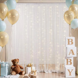 Qfdian  White Backdrop Curtains with Lights String for Wedding Parties 10×10ft Sheer Tulle Backdrop Curtain for Bridal Shower Birthday