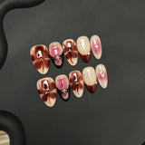 Qfdian  10pcs Handmade Short Almond Press on Nails Autumn Browm Flower Pattern Fake Nails Wearable Detachable Spice Girls False Nails