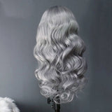 Qfdian Silver Grey Lace Front Wig Synthetic Lace Wig Glueless Body Wave Long Wavy Silver Wig Body Wave Long Grey Hair Wigs for Women