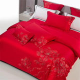 Qfdian 4Pcs Luxury Flowers Embroidery 1400TC Egyptian Cotton Red Wedding Bedding Set Duvet Cover Set Flat/Fitted Bed Sheet Pillowcases