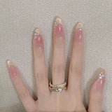 Qfdian  24Pcs Cat Eye Fake Nails Rhinestone Pearl Press on Nails Glitter Star Nail Art Sweet Bowknot False Nails French Almond Nail Tips