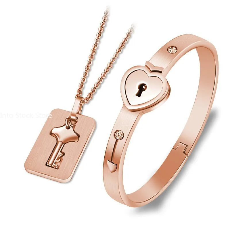 Stainless Steel Love Heart Lock Bracelets Bangles Key Pendant Necklace Couples Set Accessories  bracelets for women