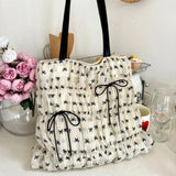 Qfdian Korean Sweet Y2k Aesthetic Chic Bow Print Underarm Bag Women Fashion Fairy Pleated Handbags Casual All Match Cute Shoulder Bags