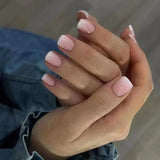 Qfdian  24Pcs Short Square Nude French Tip Press On Nails Set Reusable Acrylic Full Cover Fake Nail with Glue for Women&Girls Decoration