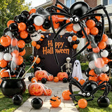 Qfdian  120Pcs Halloween DIY Spider Balloon Garland Arch Kit, Black Orange White Latex Balloons with Long Strip Balloons to Make Big Spi