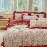 Qfdian  Korean Style Floral Double Gauze Bedding Set 3pcs/4pcs Soft Breathable Cotton Duvet Cover Sheet Girly Dorm Home Textile