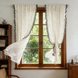 Qfdian  Cream Style Velvet Pole Twig Pattern with Black Ruffled Lace Trim Unique Design Opaque Tulle Curtains For Bedroom Living Room
