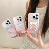 Qfdian INS Korea Pink Bow Knot Phone Case For Iphone 16ProMax 14Pro 15ProMax 13 14 15 16 Pro Max 16Pro Cover Shockproof Fundas