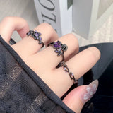 Qfdian Gothic Y2K Purple Crystal Flower Irregular Open Ring For Women Girl Aesthetic Vintage Halloween Grunge EMO Accessories Jewelry