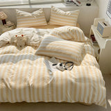 Qfdian Washed Cotton Double Yarn Crepe Striped Quilt Set 3-4 Pillowcase with Sheet Bedding Cover Supplies 200x230 220x240 Skin Friendly