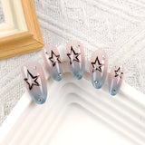 Qfdian  24pcs Blue Plaid Gradient Fake Nails Phototherapy French Tips Y2k Style Press On Nails Long Almond Cool Stars False Nail Patches