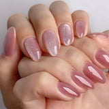 Qfdian  24Pcs Mid-length Almond Ballet False Nails Simple Cat Eye Design Press on Fake Nail Wearable Full Cover Nail Tips Manicure Tools