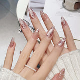 Qfdian 10Pcs Handmade Almond Press On Nails Flash Gradient Wear Pink Flower Design French False Nails Wearable Manicure Nail Tips